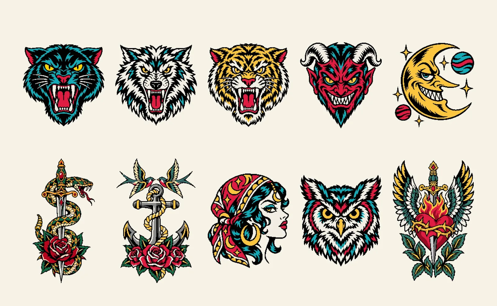 A sheet of tattoo flash designs: panther, wolf, tiger, devil, moon, snake and dagger, anchor, fortune teller, owl and sacred heart