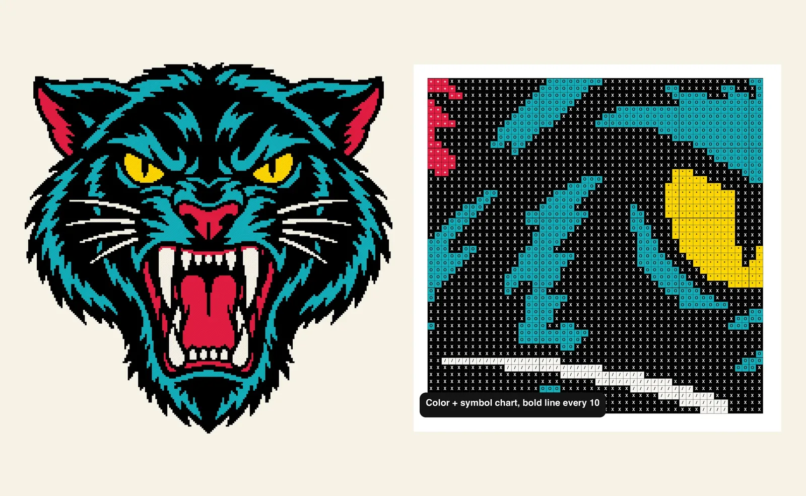 The panther artwork next to a close-up of its color and symbol chart