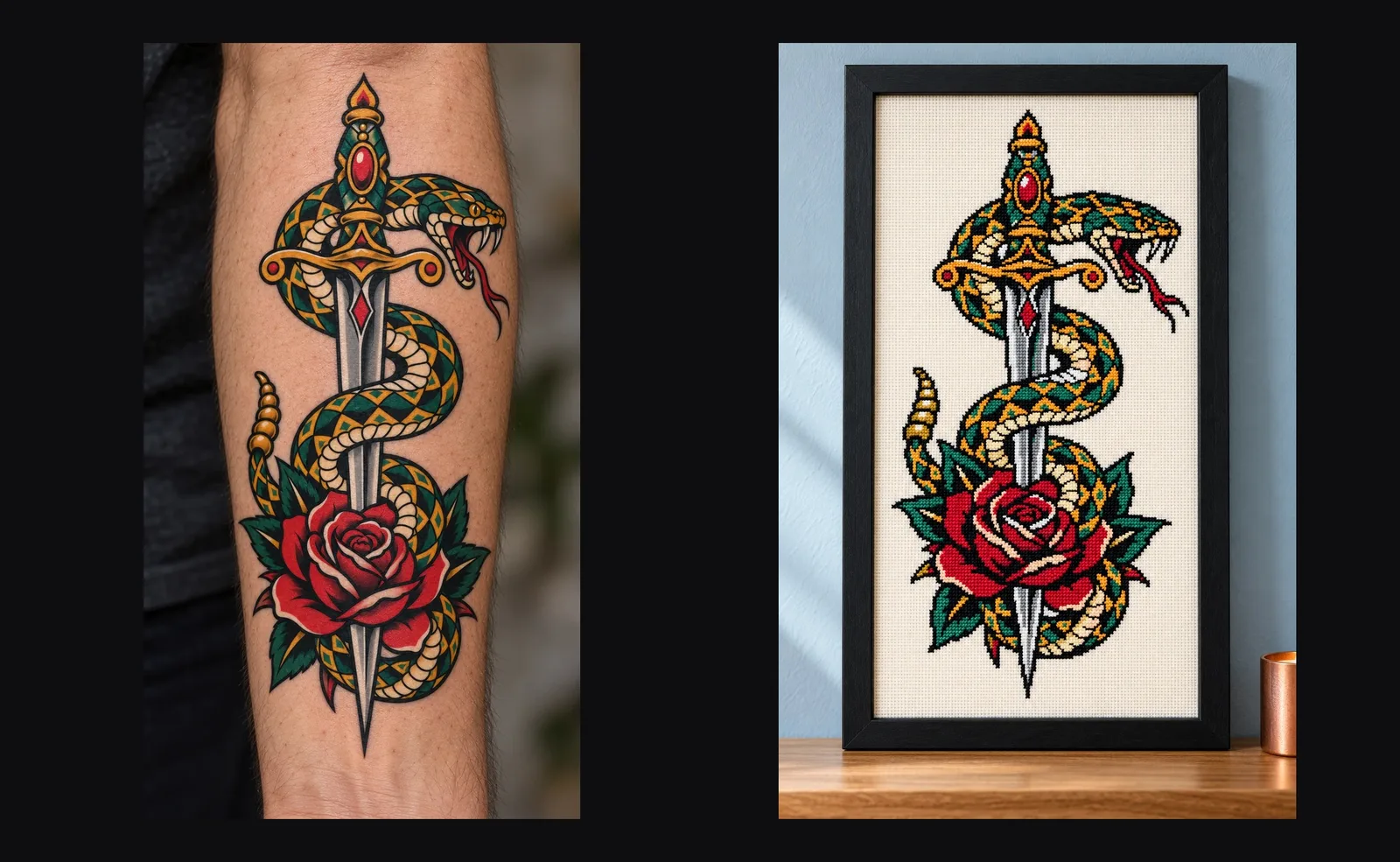The same snake and dagger design as a tattoo on a forearm and as a framed cross stitch