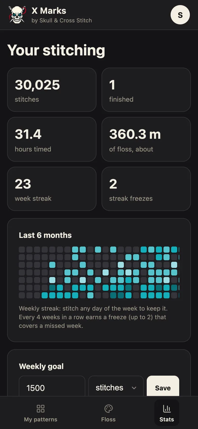 X Marks stats: streaks, a stitching calendar and hours