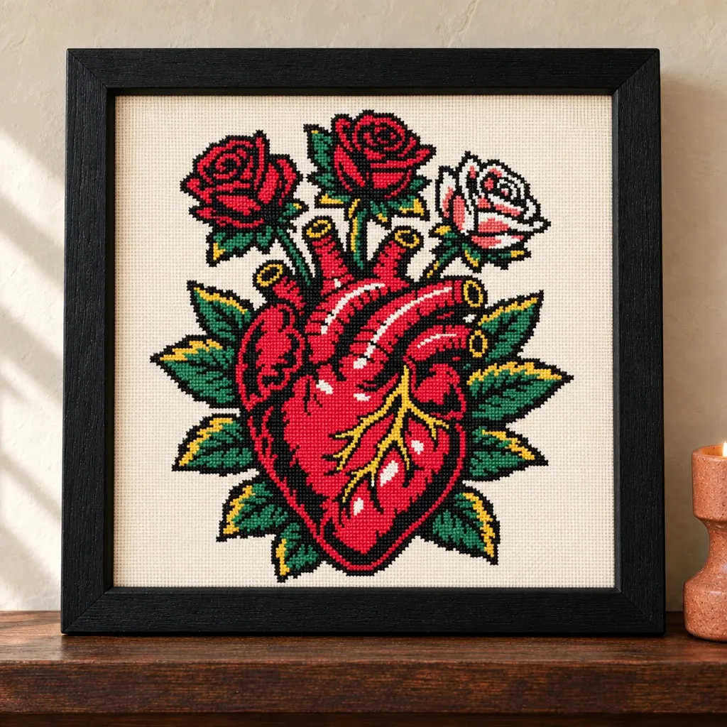 Anatomical heart with roses tattoo flash cross stitch in a black frame on a wood shelf