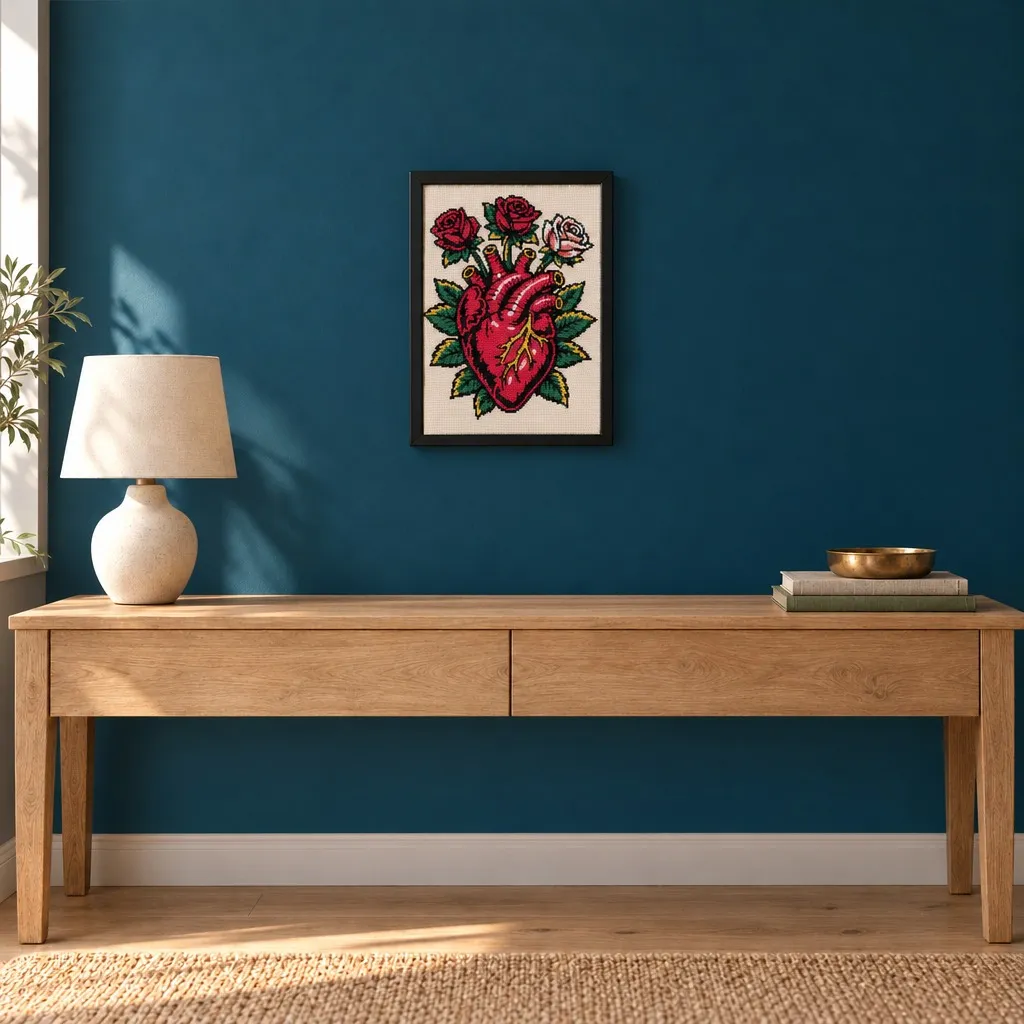 Framed anatomical heart with roses cross stitch on a navy wall above a wood console table