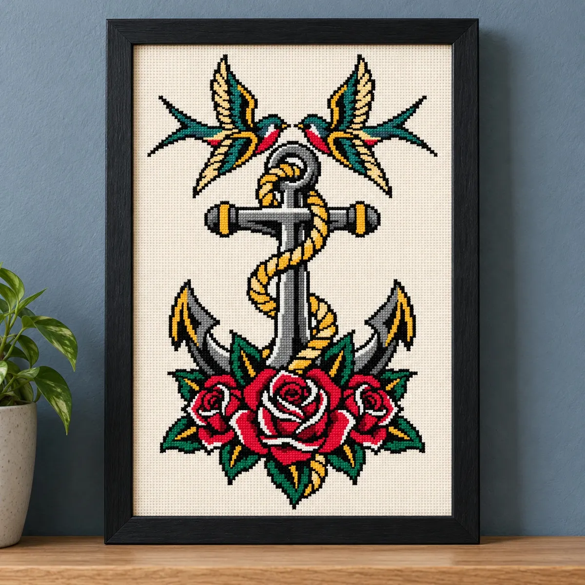 Straight-on view of the finished Anchor and Swallows Cross Stitch in a black frame on a wooden shelf