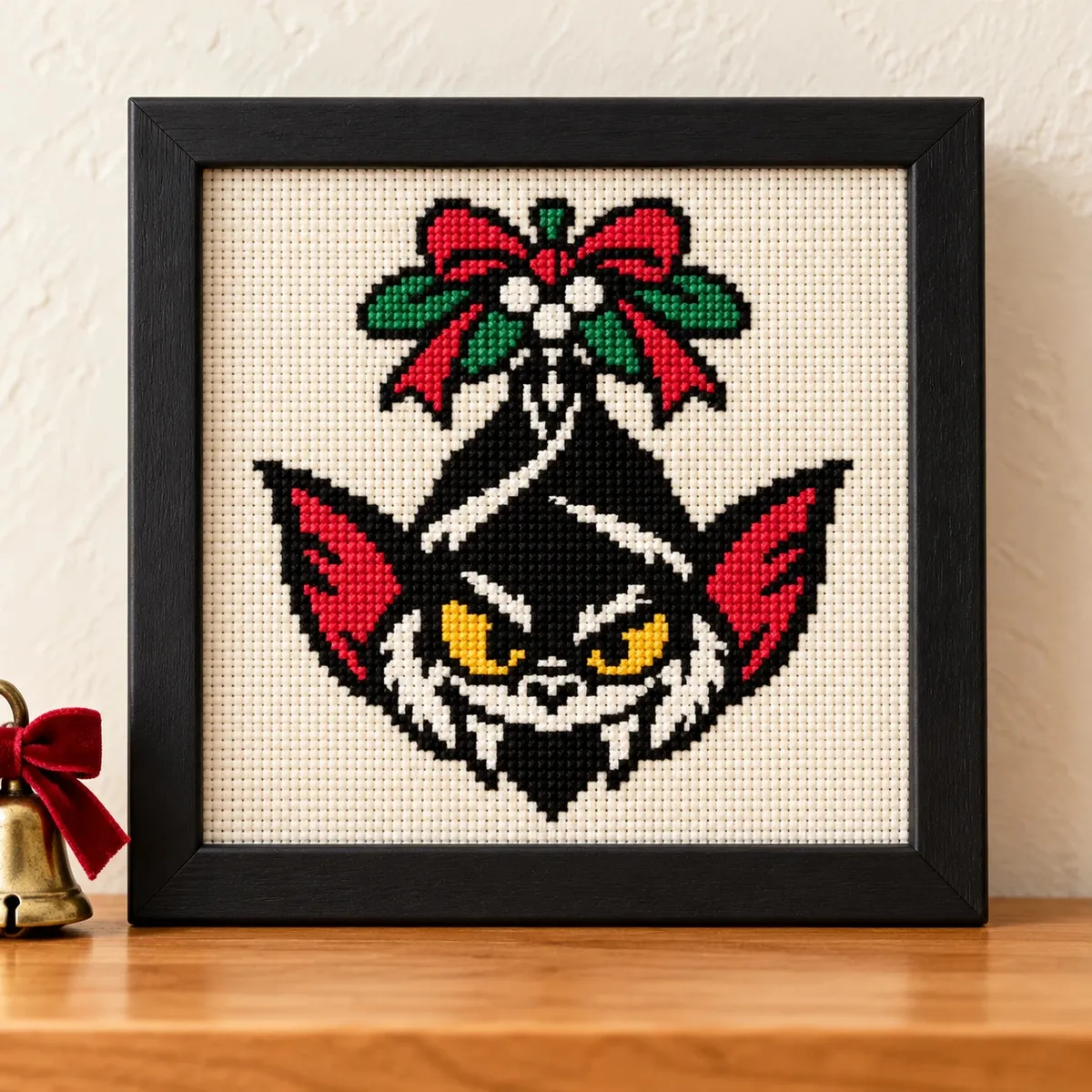Straight-on view of the finished Mistletoe Bat Cross Stitch in a black frame on a wooden shelf