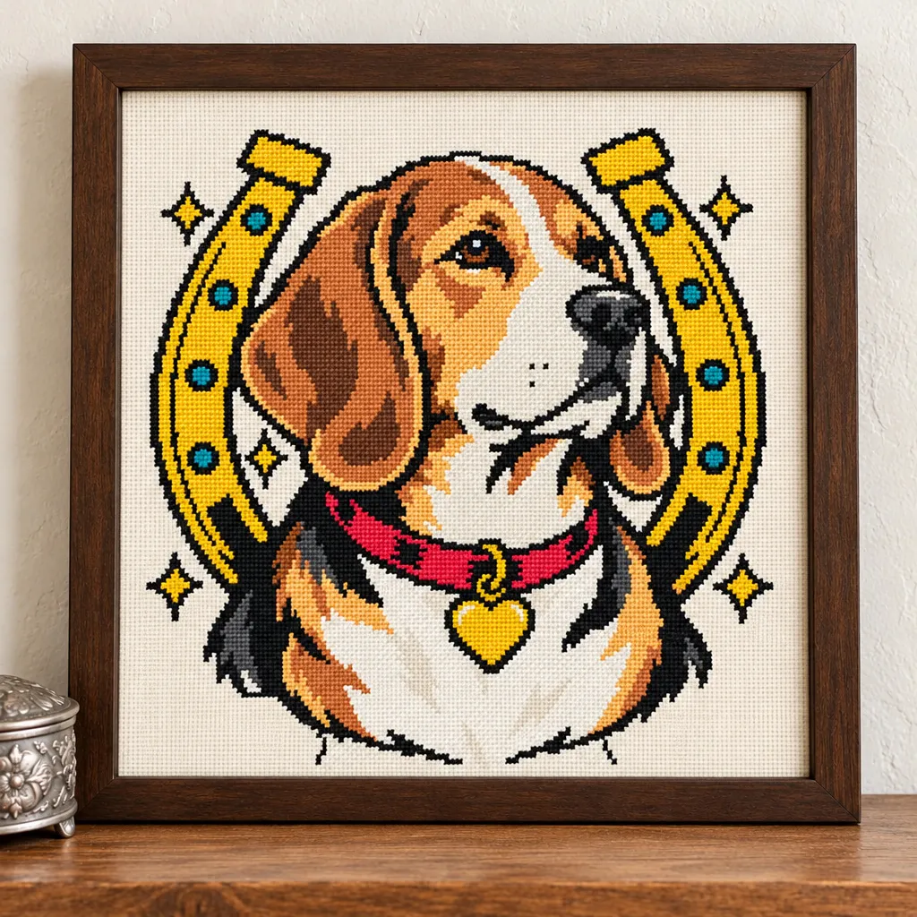 Beagle tattoo flash cross stitch with a gold horseshoe and red collar, in a brown frame on a wood shelf