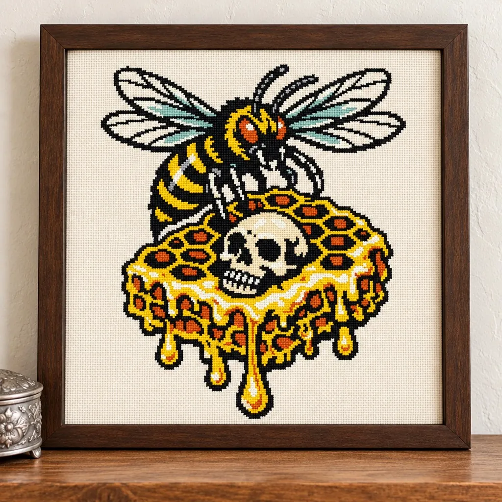 Bee on a dripping honeycomb with a skull tattoo flash cross stitch in a brown frame on a wood shelf