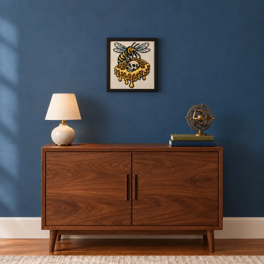 Framed bee on a dripping honeycomb with a skull cross stitch on a navy wall above a wood cabinet