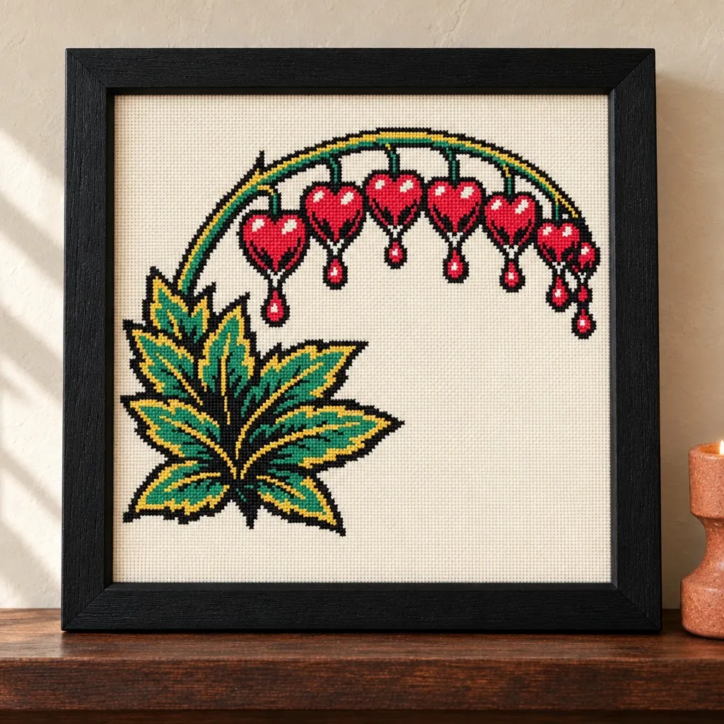 Bleeding heart flower stem with heart-shaped blooms tattoo flash cross stitch in a black frame on a wood shelf