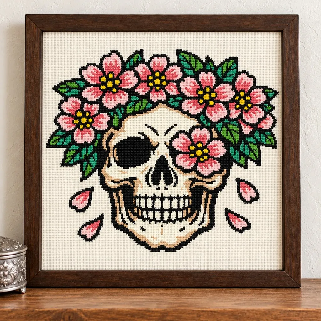 Skull crowned with pink cherry blossoms tattoo flash cross stitch in a brown frame on a wood shelf