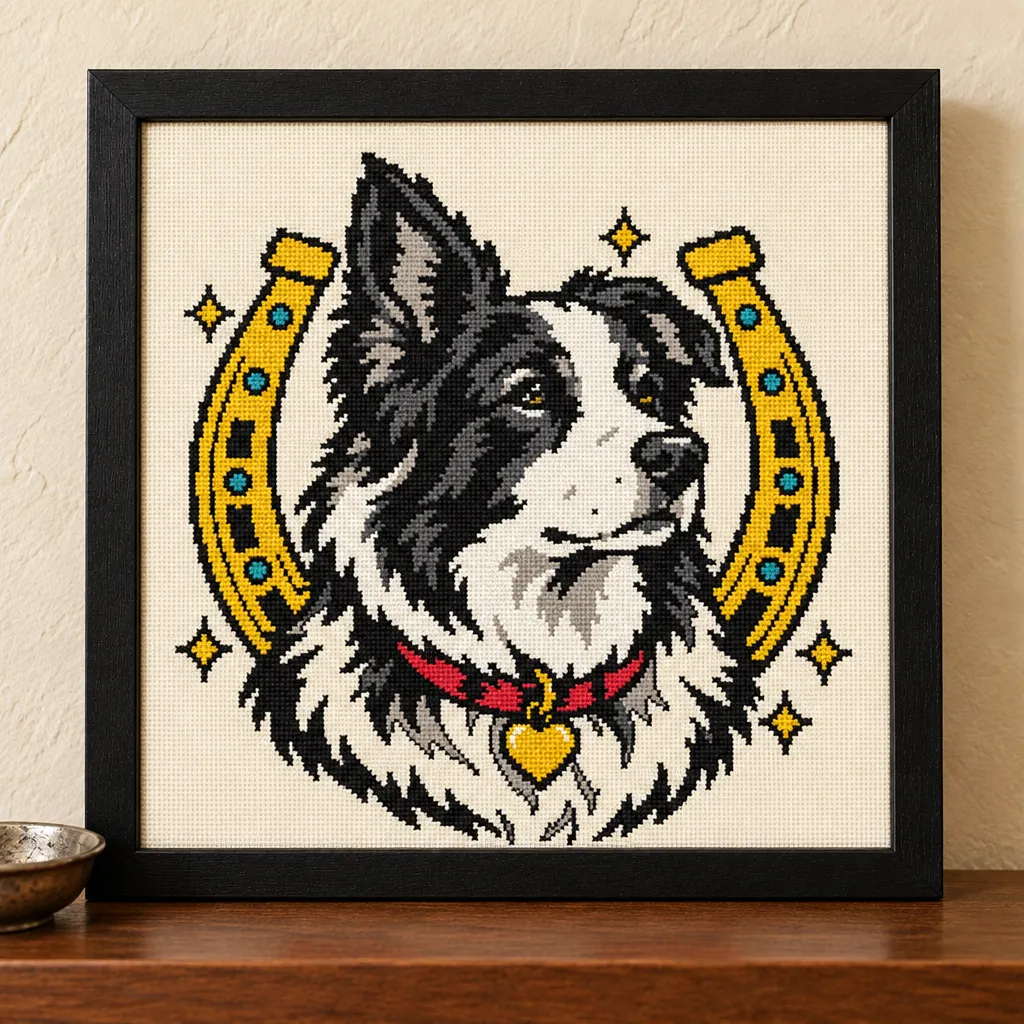 Border Collie tattoo flash cross stitch with a gold horseshoe and red collar, in a black frame on a wood shelf