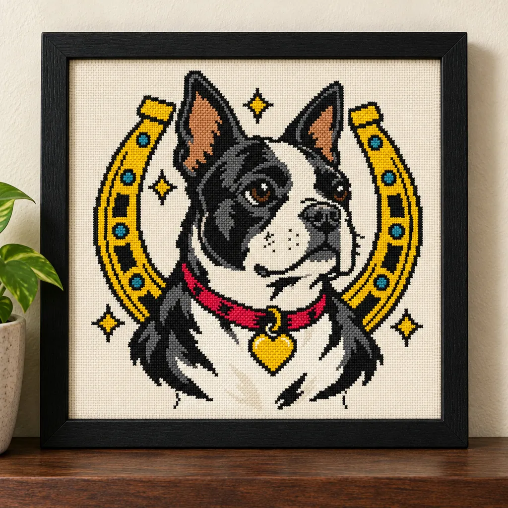 Boston Terrier tattoo flash cross stitch with a gold horseshoe and red collar, in a black frame on a wood shelf