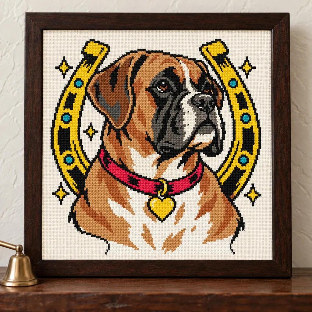 Boxer tattoo flash cross stitch with a gold horseshoe and red collar, in a brown frame on a wood shelf