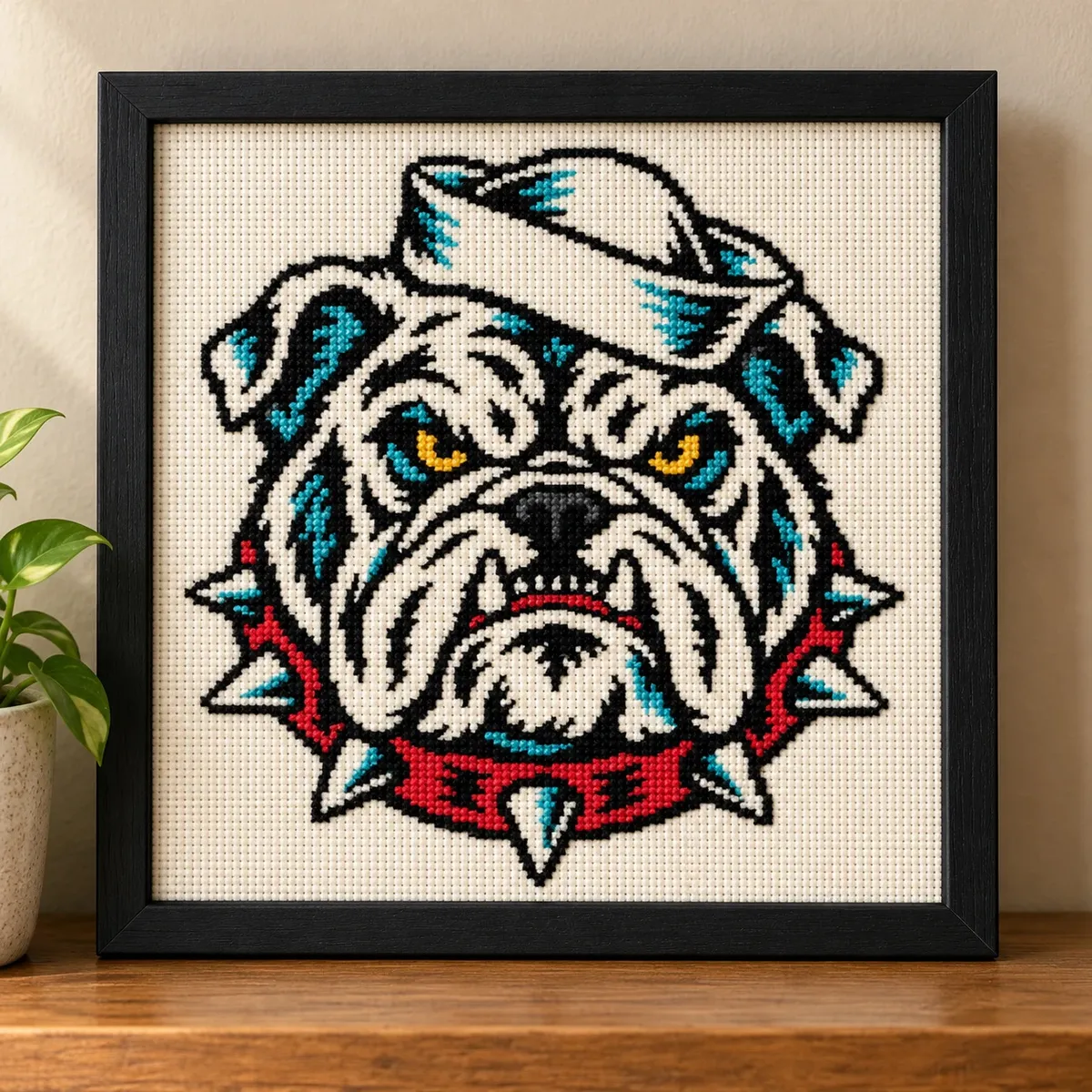 Straight-on view of the finished Bulldog Cross Stitch in a black frame on a wooden shelf