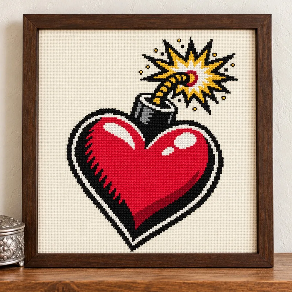 Red heart bomb with a lit fuse tattoo flash cross stitch in a brown frame on a wood shelf