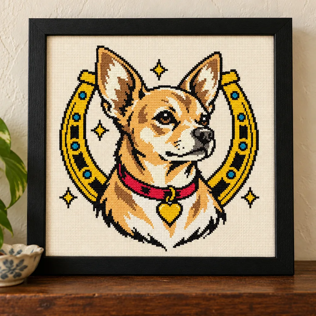 Chihuahua tattoo flash cross stitch with a gold horseshoe and red collar, in a black frame on a wood shelf