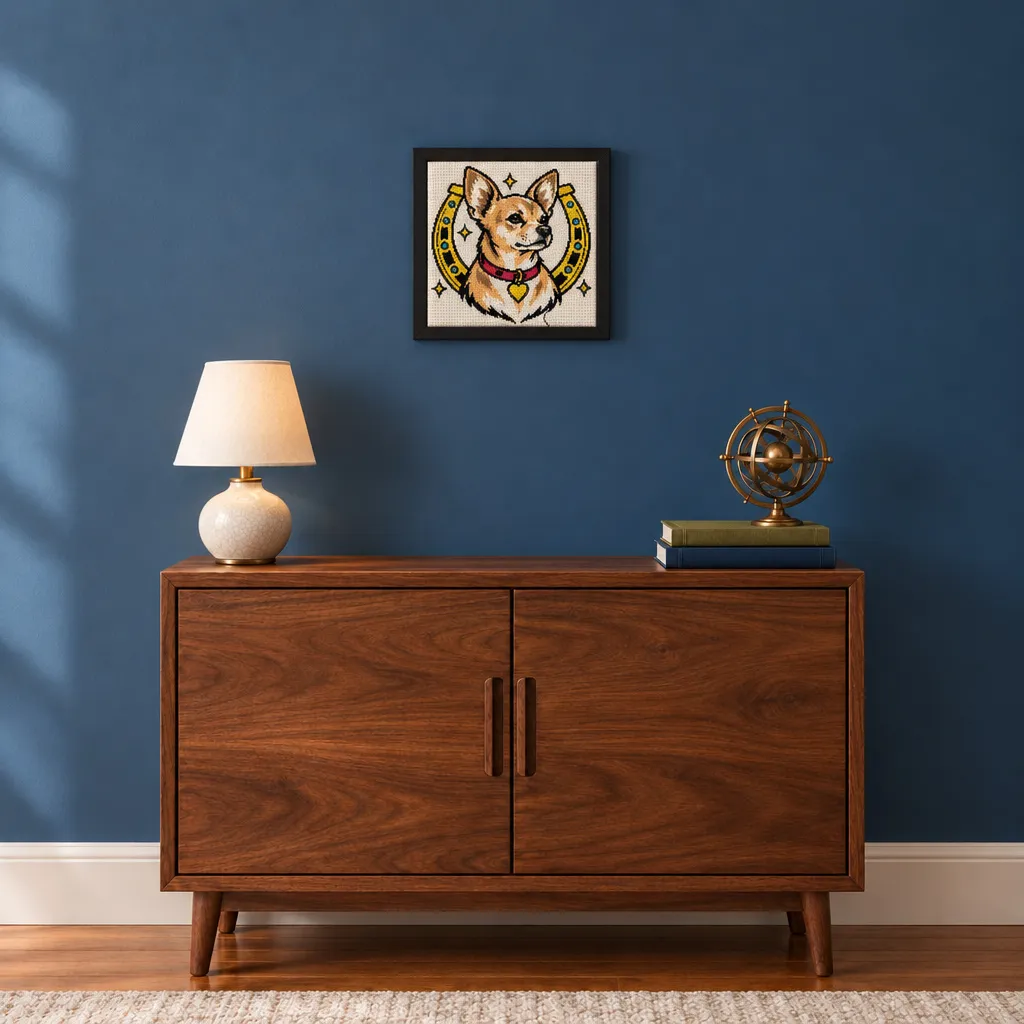 Framed Chihuahua cross stitch on a navy wall above a wood cabinet
