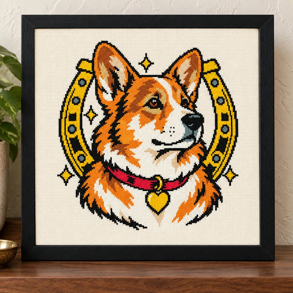 Corgi tattoo flash cross stitch with a gold horseshoe and red collar, in a black frame on a wood shelf
