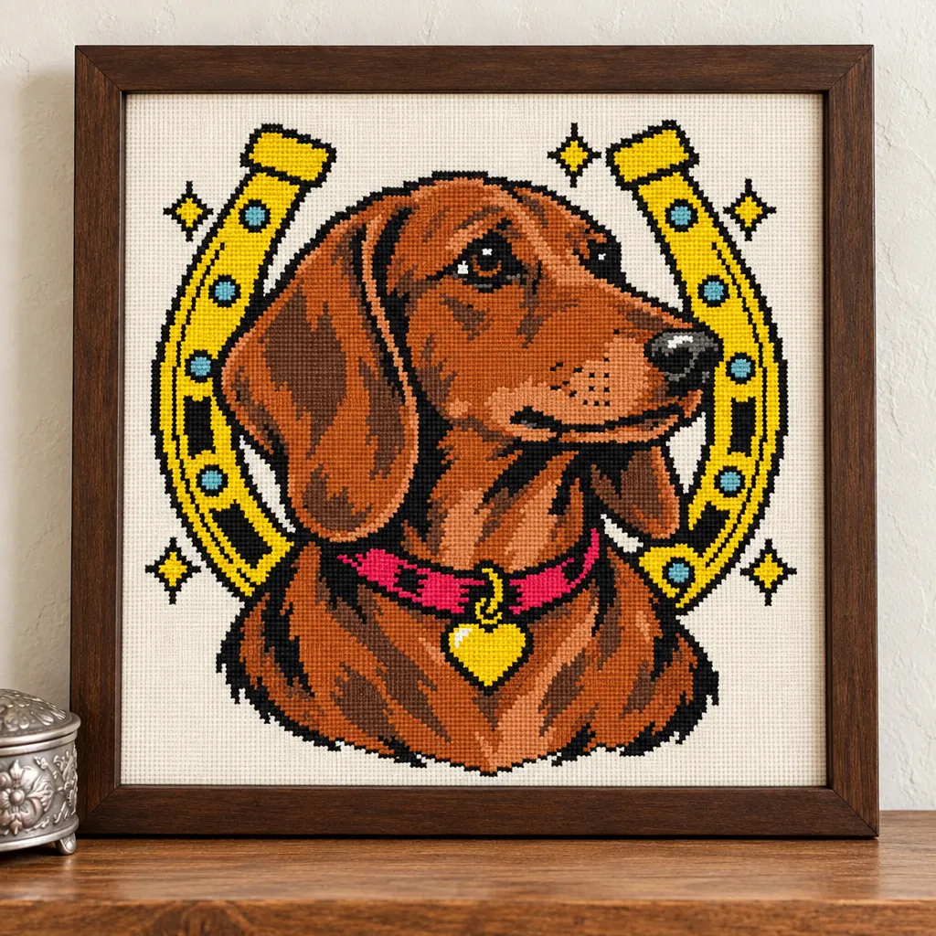 Dachshund tattoo flash cross stitch with a gold horseshoe and red collar, in a brown frame on a wood shelf
