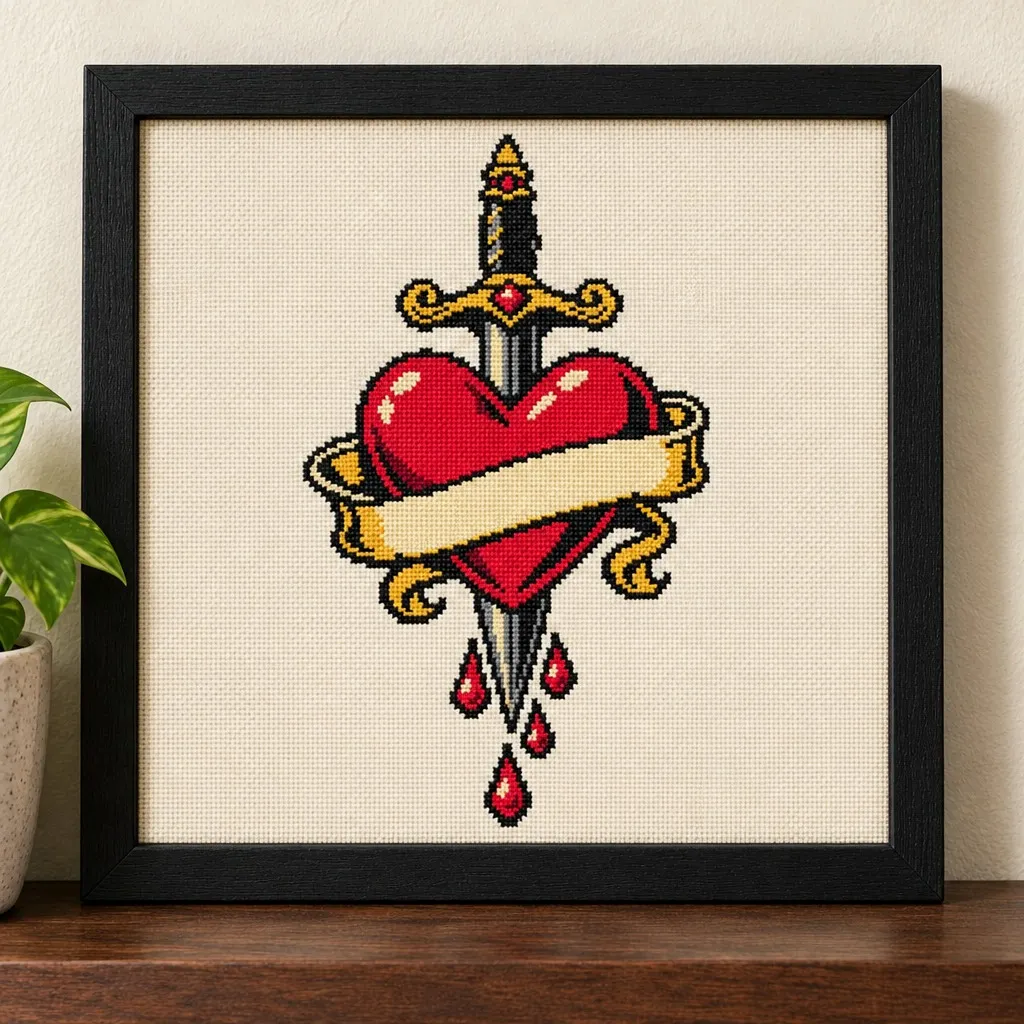 Dagger through a red heart with a blank banner tattoo flash cross stitch in a black frame on a wood shelf