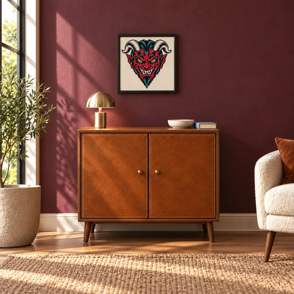 Framed red devil head tattoo flash cross stitch hanging on a wall