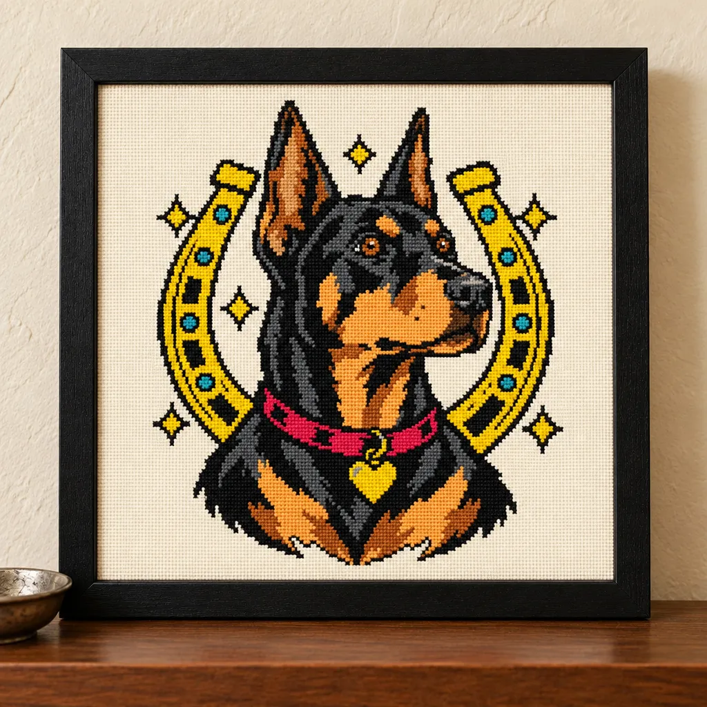 Doberman tattoo flash cross stitch with a gold horseshoe and red collar, in a black frame on a wood shelf