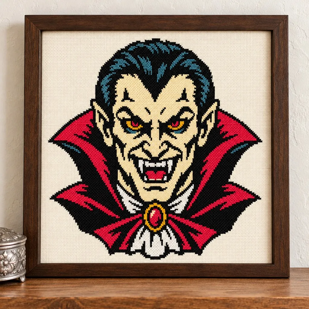 Dracula with a red cape collar tattoo flash cross stitch in a brown wood frame on a wood shelf
