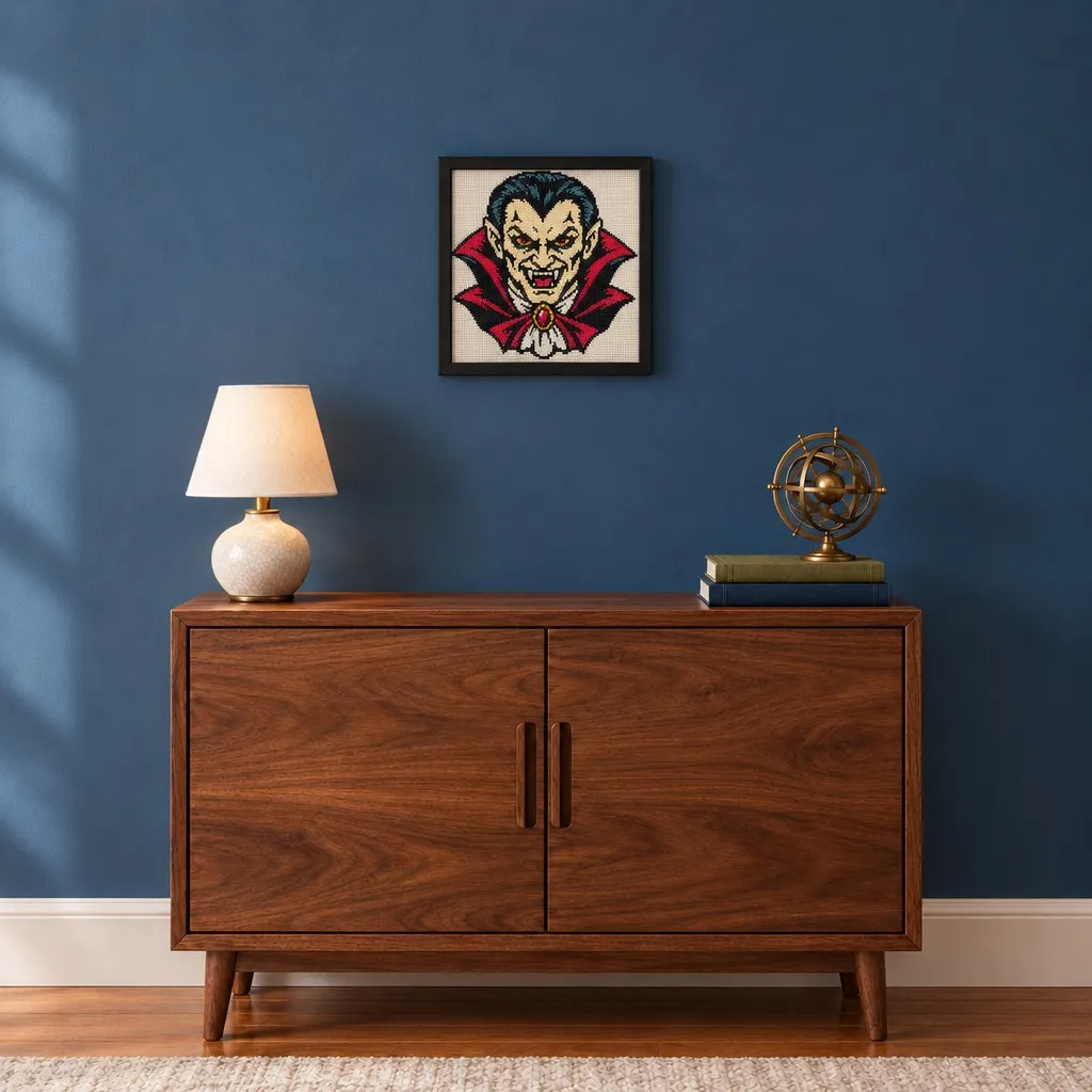 Framed Dracula cross stitch on a navy wall above a walnut cabinet with a lamp