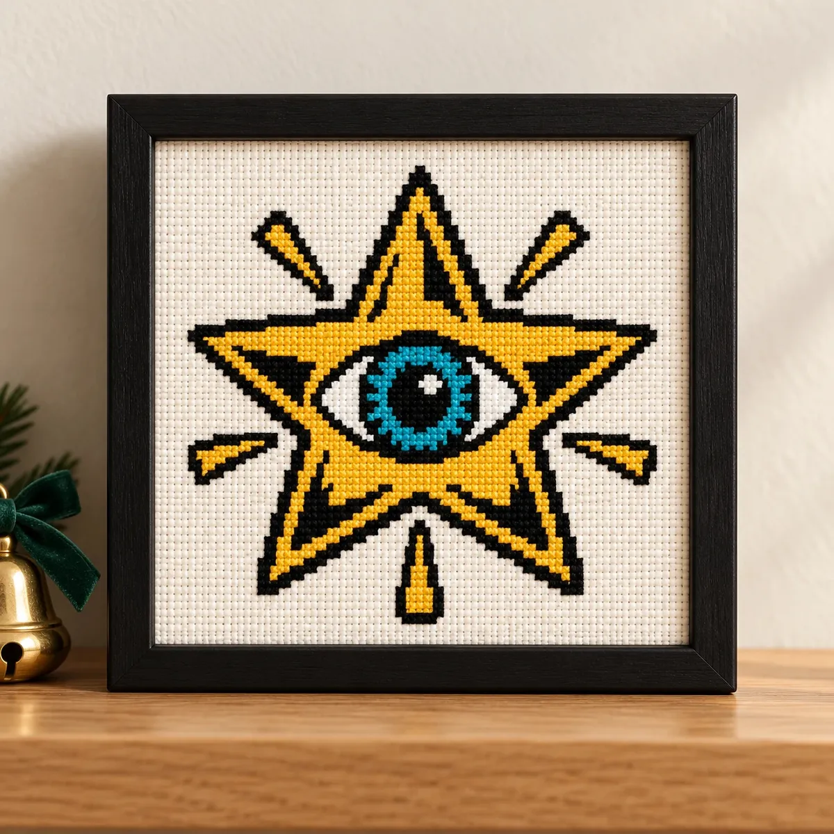 Straight-on view of the finished All Seeing Eye Star Cross Stitch in a black frame on a wooden shelf