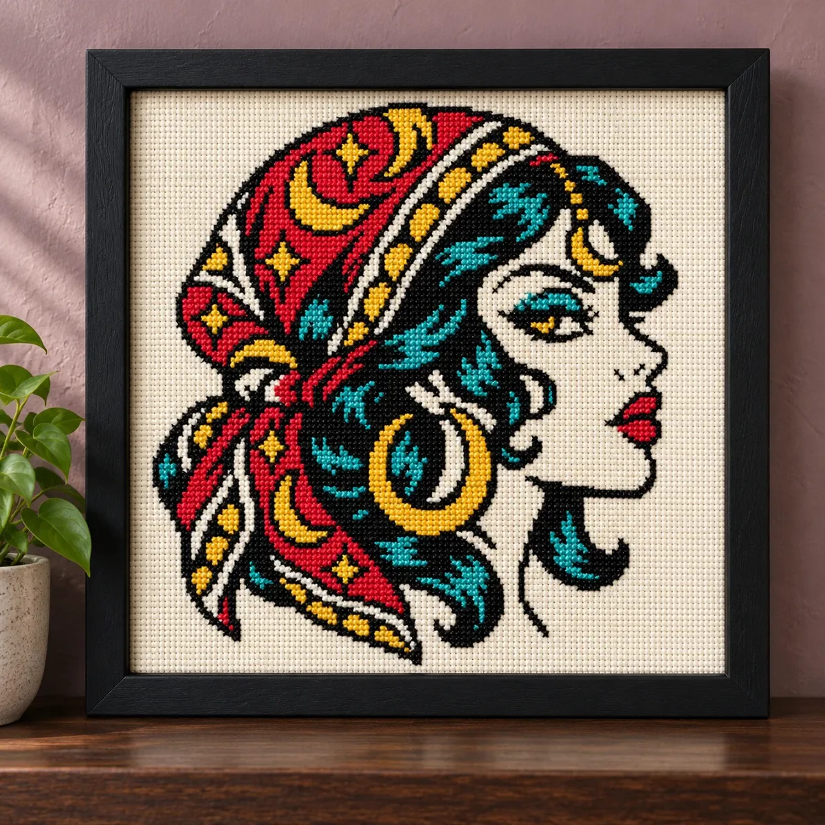 Straight-on view of the finished Fortune Teller Cross Stitch in a black frame on a wooden shelf