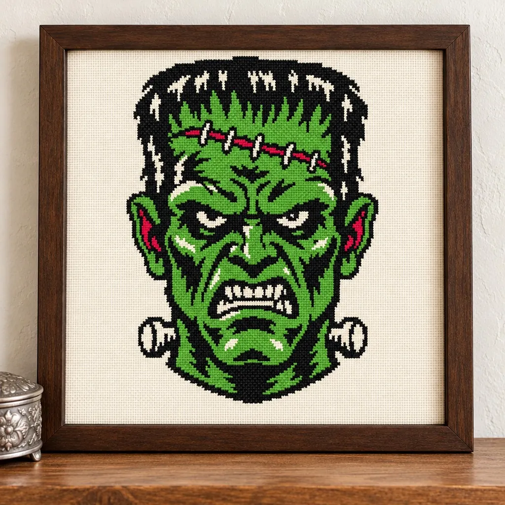 Green Frankenstein monster head tattoo flash cross stitch in a frame on a wood shelf