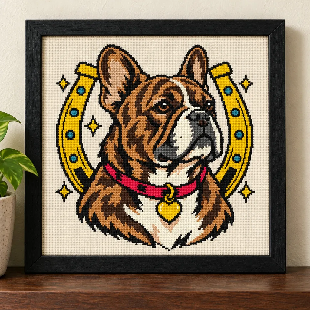 French Bulldog tattoo flash cross stitch with a gold horseshoe and red collar, in a black frame on a wood shelf