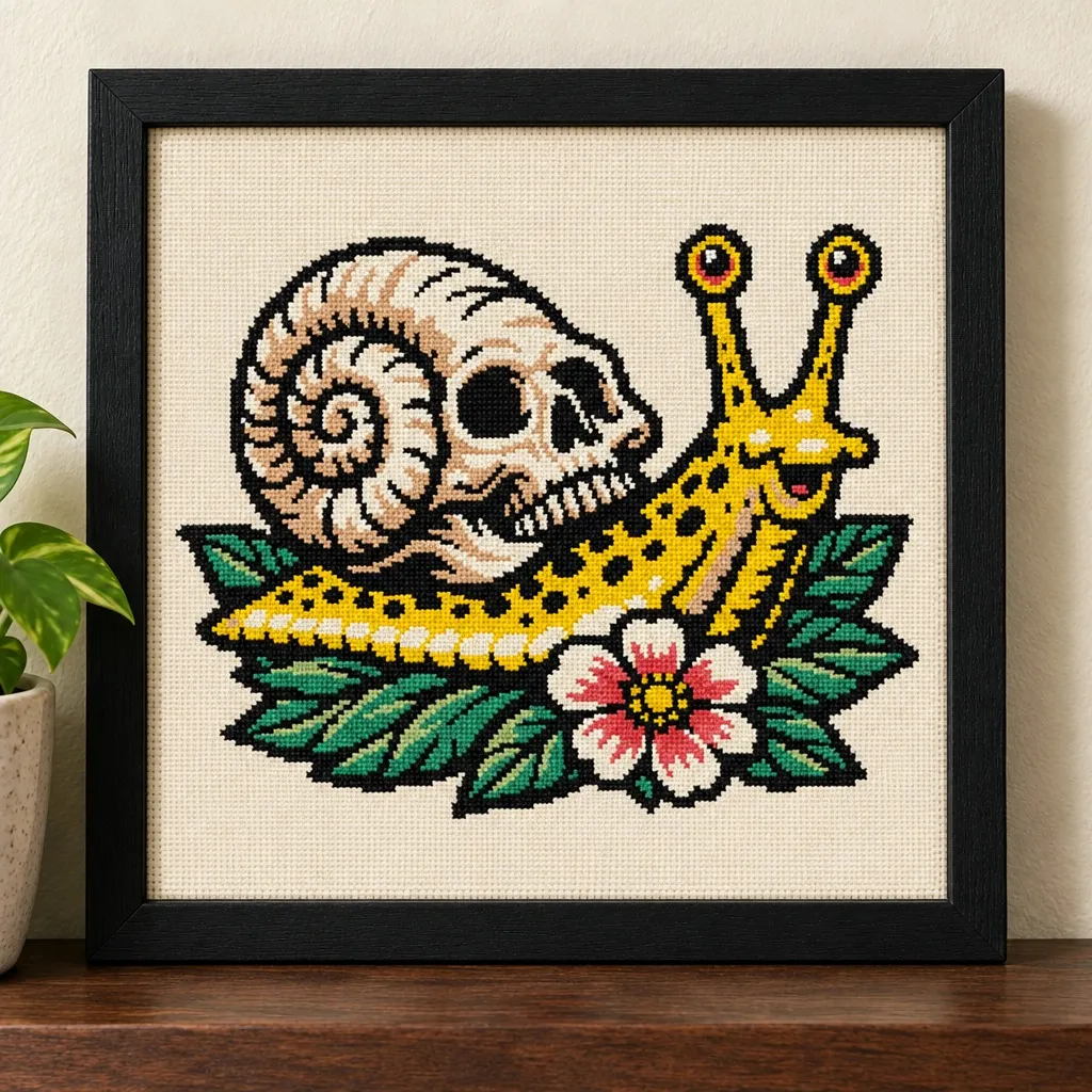 Snail with a skull for a shell tattoo flash cross stitch in a black frame on a wood shelf