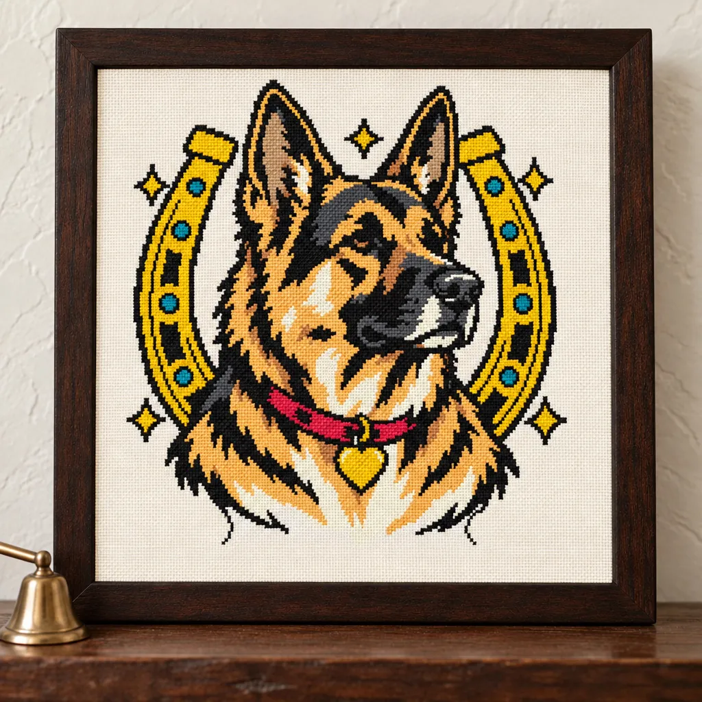 German Shepherd tattoo flash cross stitch with a gold horseshoe and red collar, in a brown frame on a wood shelf