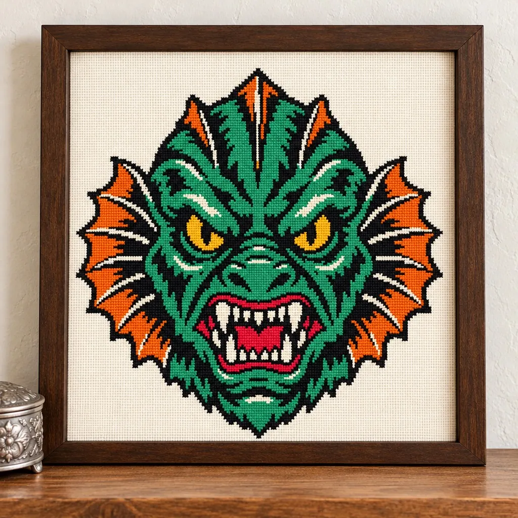Green swamp monster head with orange fins tattoo flash cross stitch in a frame on a wood shelf