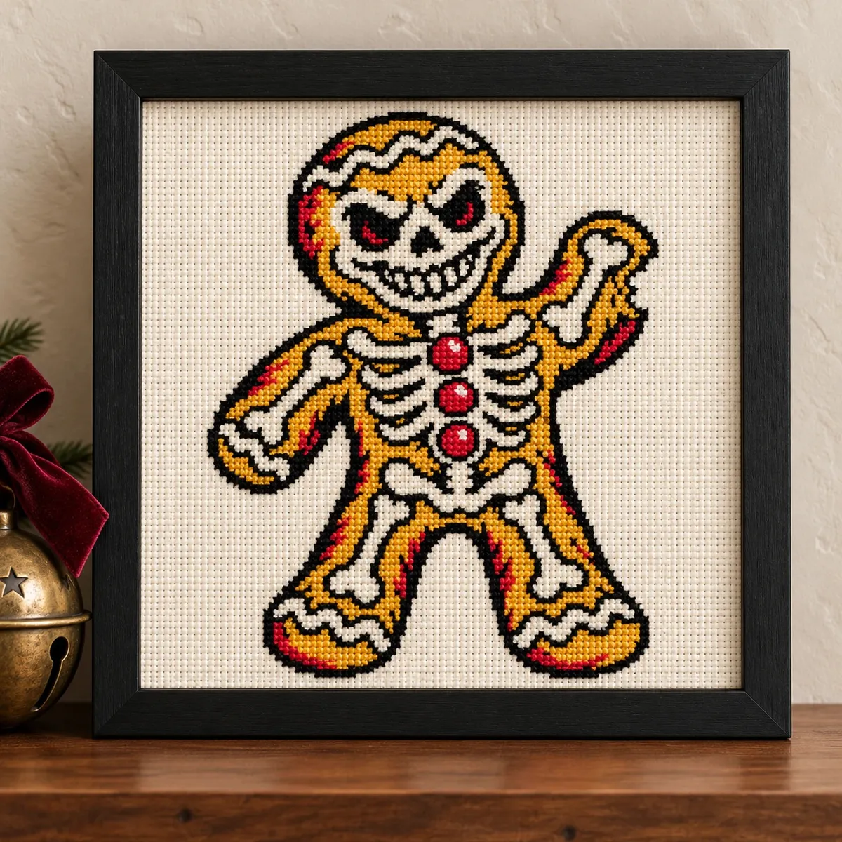 Straight-on view of the finished Gingerbread Skeleton Cross Stitch in a black frame on a wooden shelf