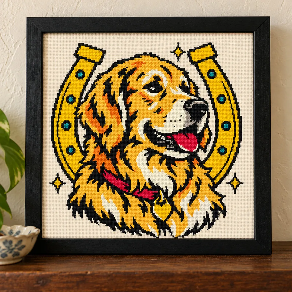 Golden Retriever tattoo flash cross stitch with a gold horseshoe and red collar, in a black frame on a wood shelf