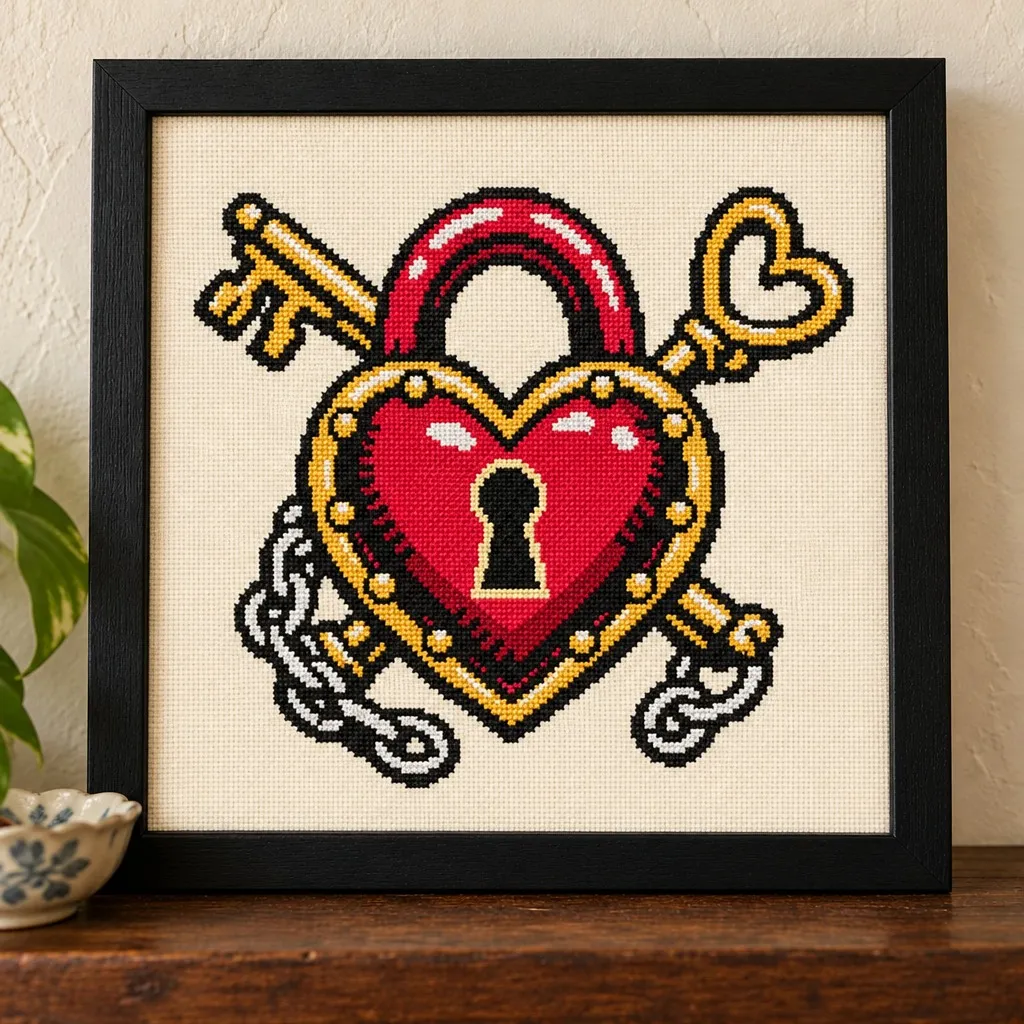 Heart padlock with a skeleton key and chain tattoo flash cross stitch in a black frame on a wood shelf