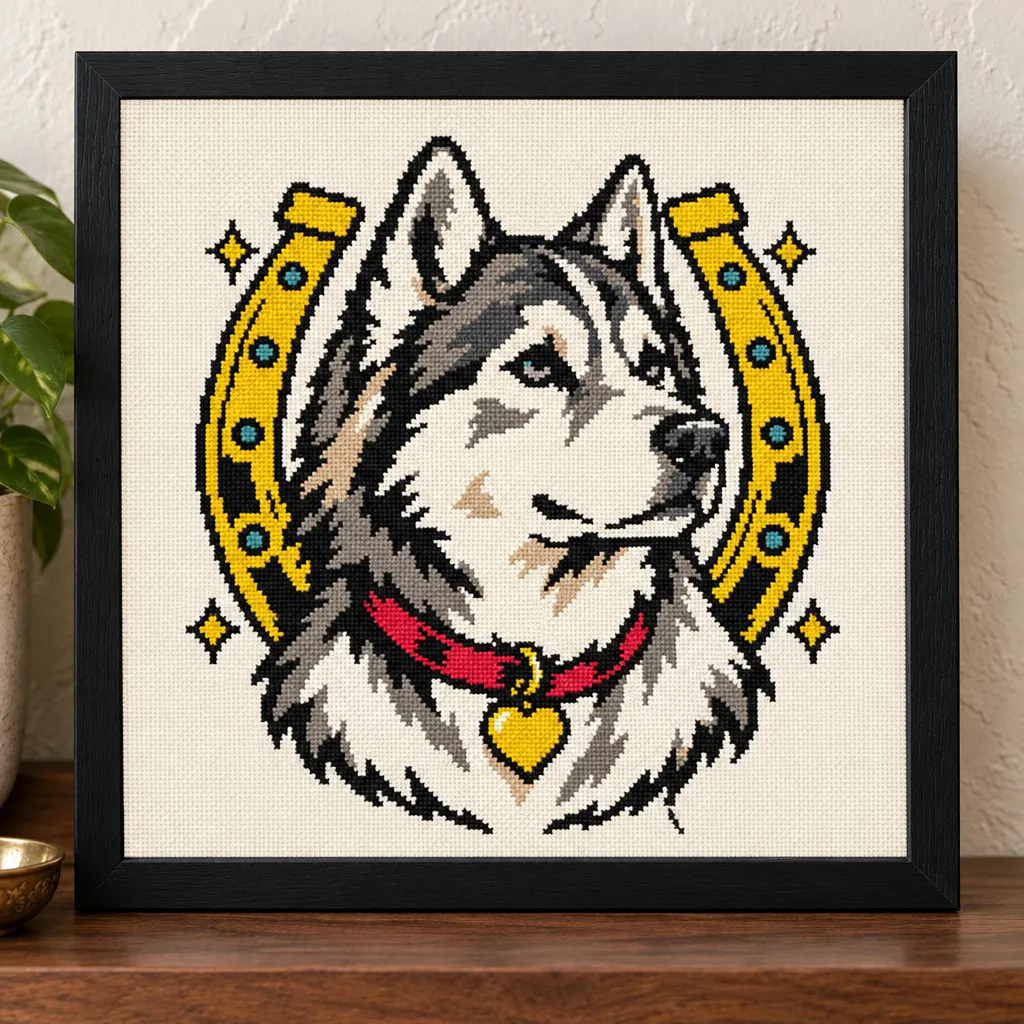 Husky tattoo flash cross stitch with a gold horseshoe and red collar, in a black frame on a wood shelf