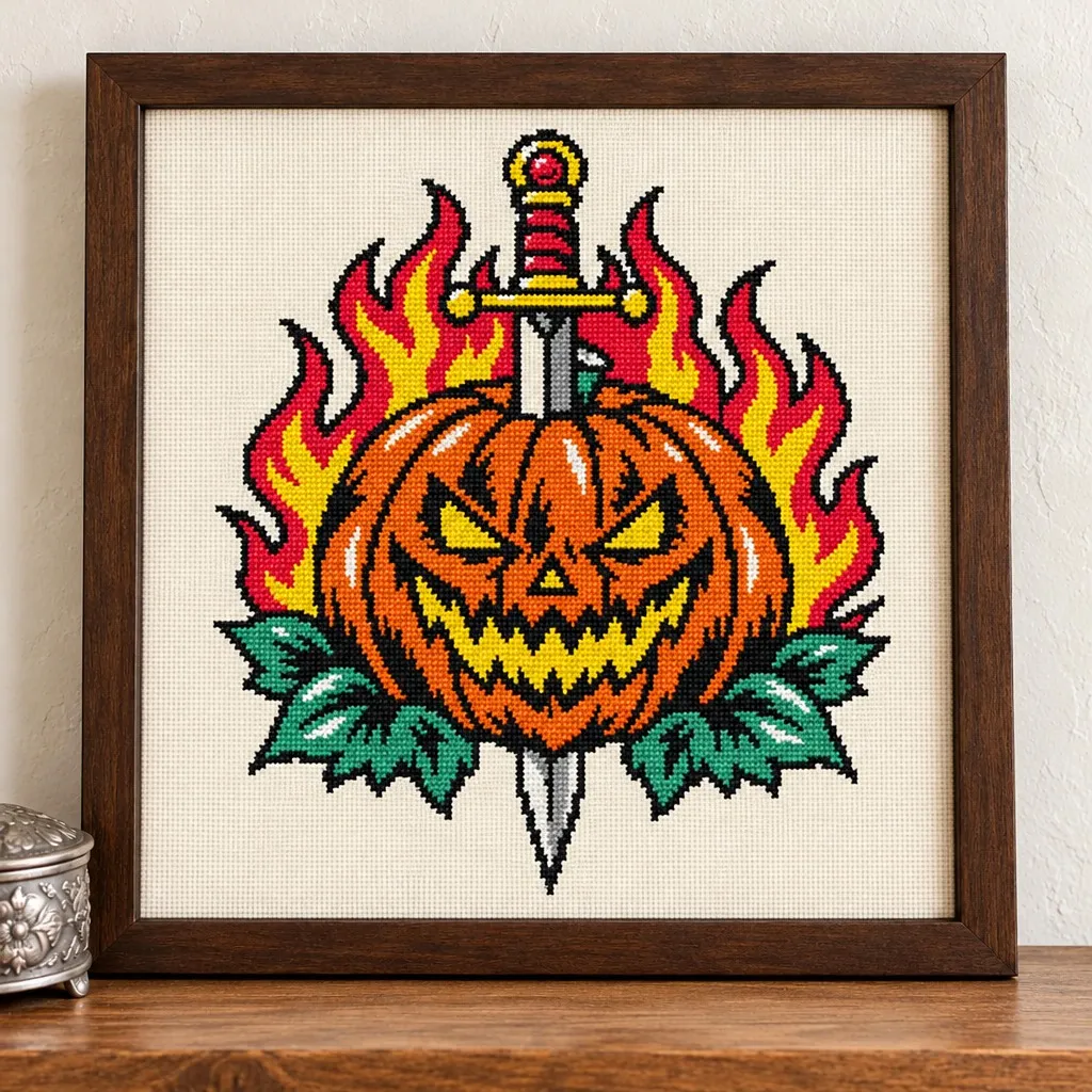 Flaming jack-o-lantern stabbed with a dagger tattoo flash cross stitch in a brown wood frame on a wood shelf
