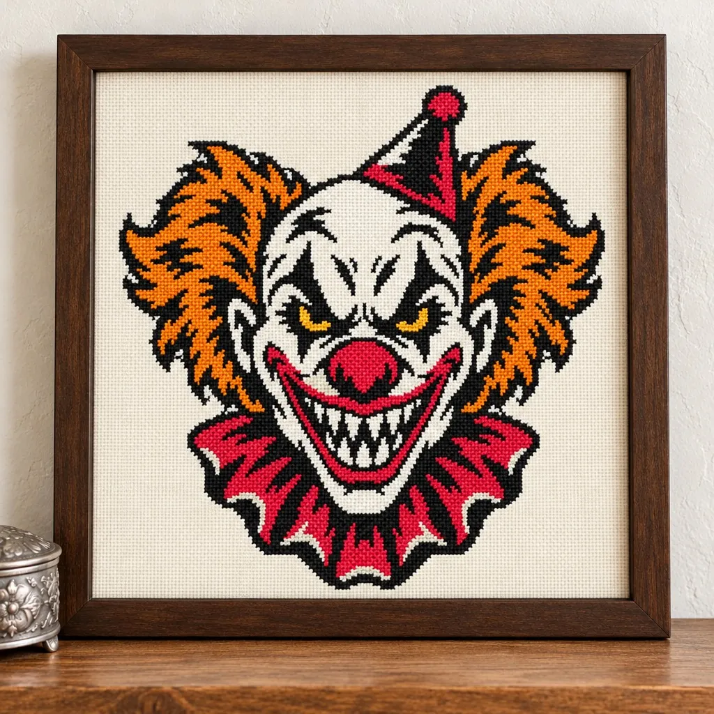 Grinning killer clown with orange hair tattoo flash cross stitch in a frame on a wood shelf