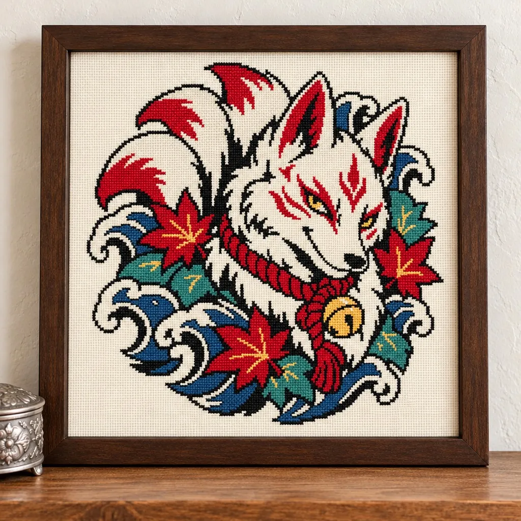 White kitsune fox with red markings, maple leaves and blue waves tattoo flash cross stitch in a frame on a wood shelf