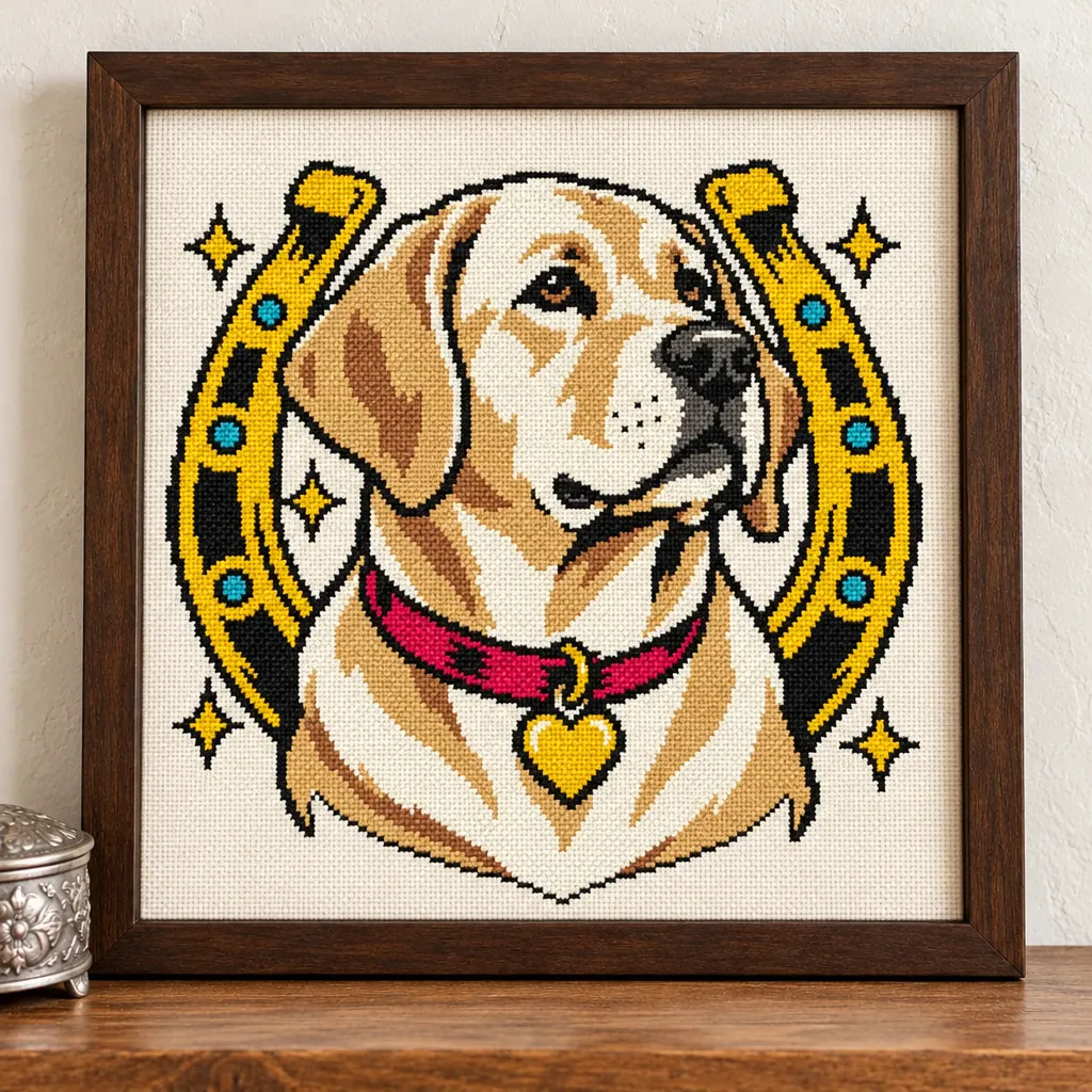 Labrador tattoo flash cross stitch with a gold horseshoe and red collar, in a brown frame on a wood shelf