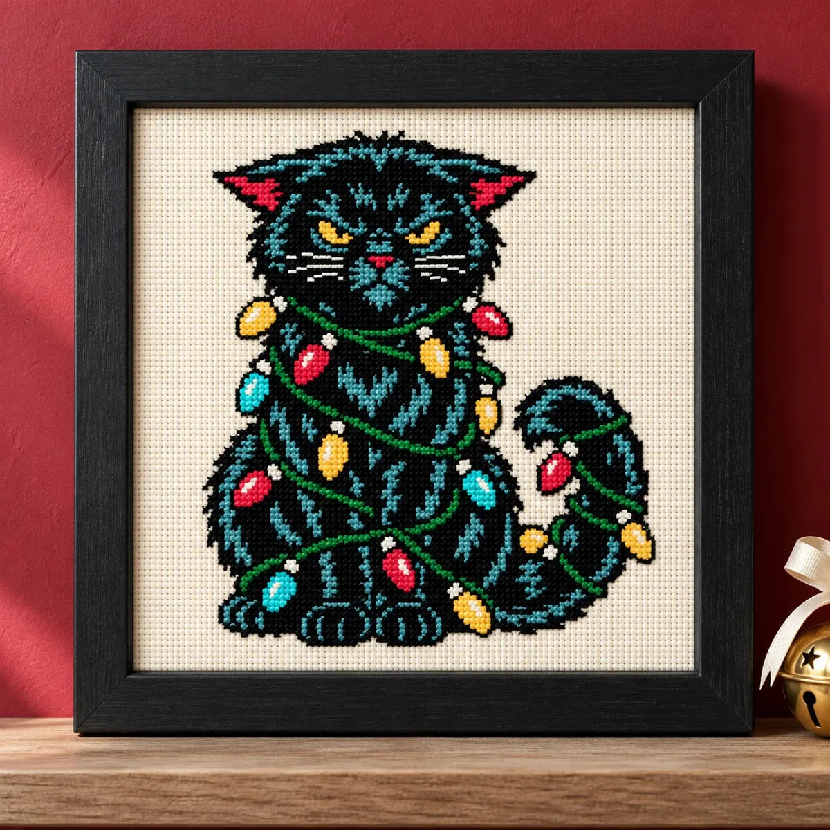 Straight-on view of the finished Black Cat Christmas Lights Cross Stitch in a black frame on a wooden shelf
