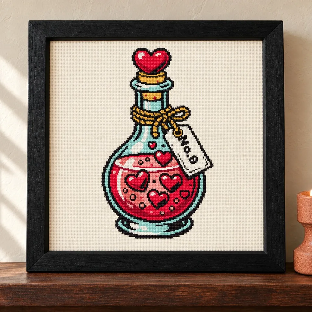 Love potion bottle with a No.9 tag tattoo flash cross stitch in a black frame on a wood shelf