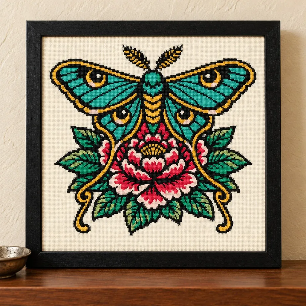 Luna moth over a pink peony tattoo flash cross stitch in a black frame on a wood shelf