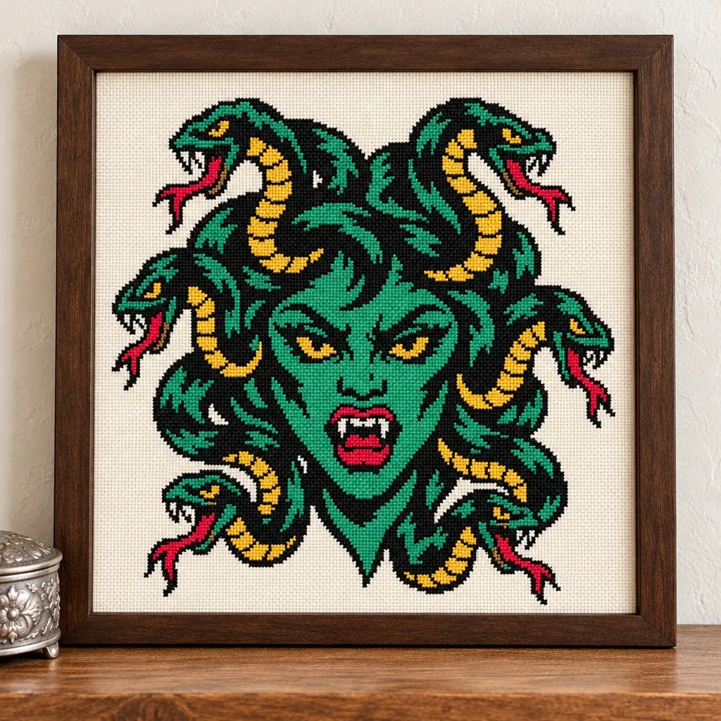 Green Medusa with snake hair tattoo flash cross stitch in a frame on a wood shelf