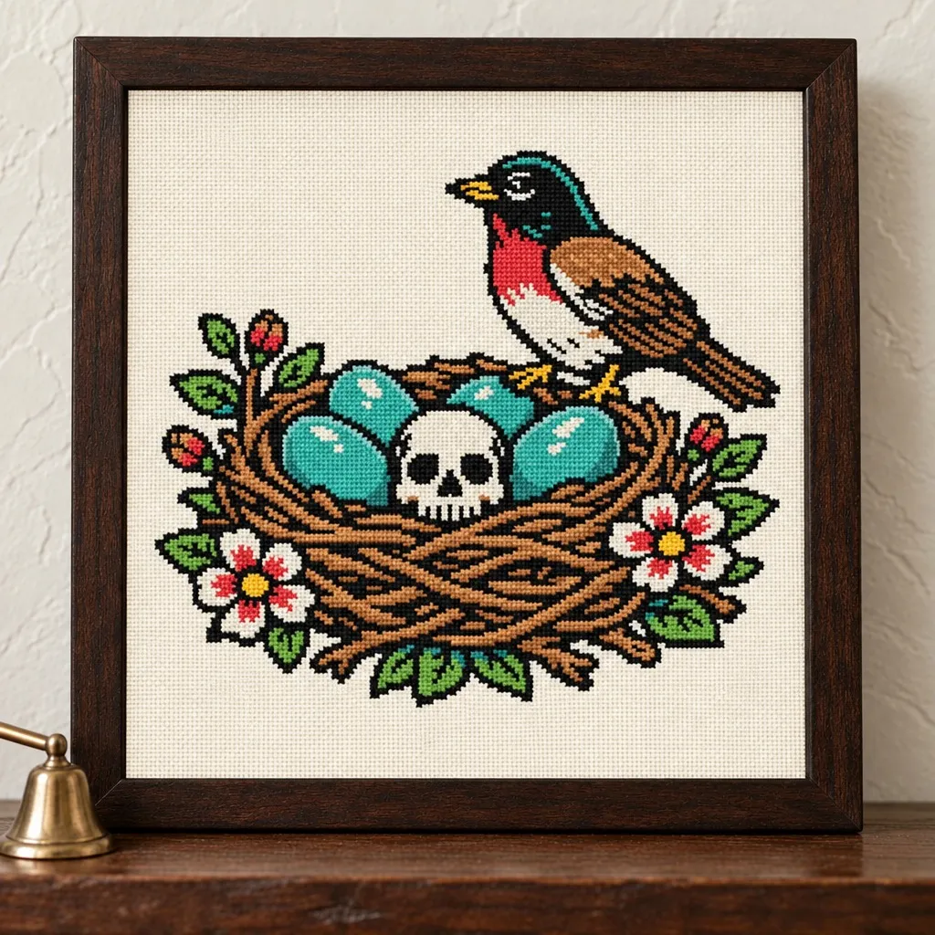 Robin on a nest of blue eggs and a skull tattoo flash cross stitch in a brown frame on a wood shelf