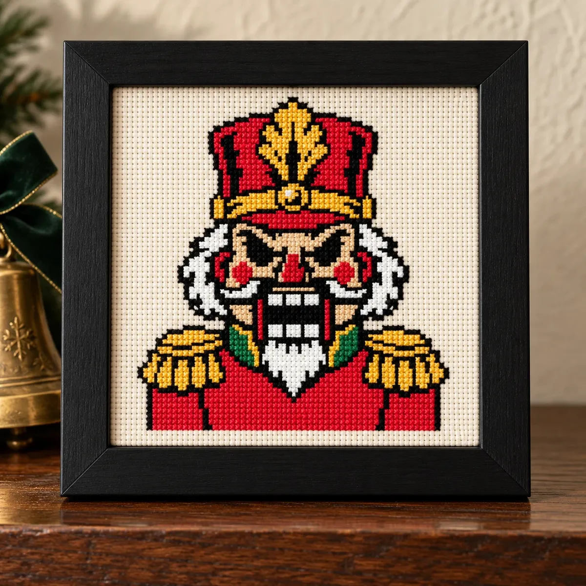 Straight-on view of the finished Nutcracker Cross Stitch in a black frame on a wooden shelf