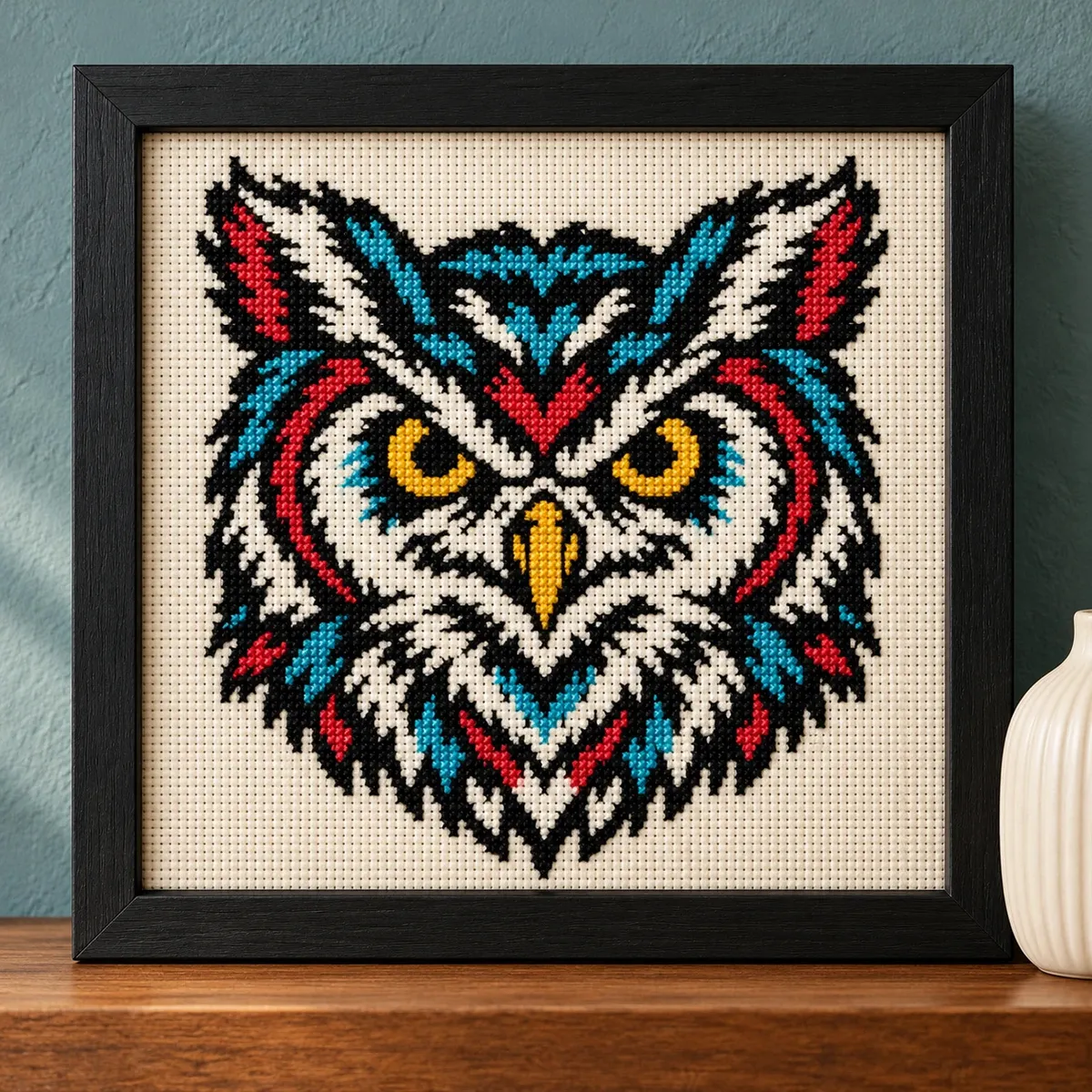 Straight-on view of the finished Owl Cross Stitch in a black frame on a wooden shelf