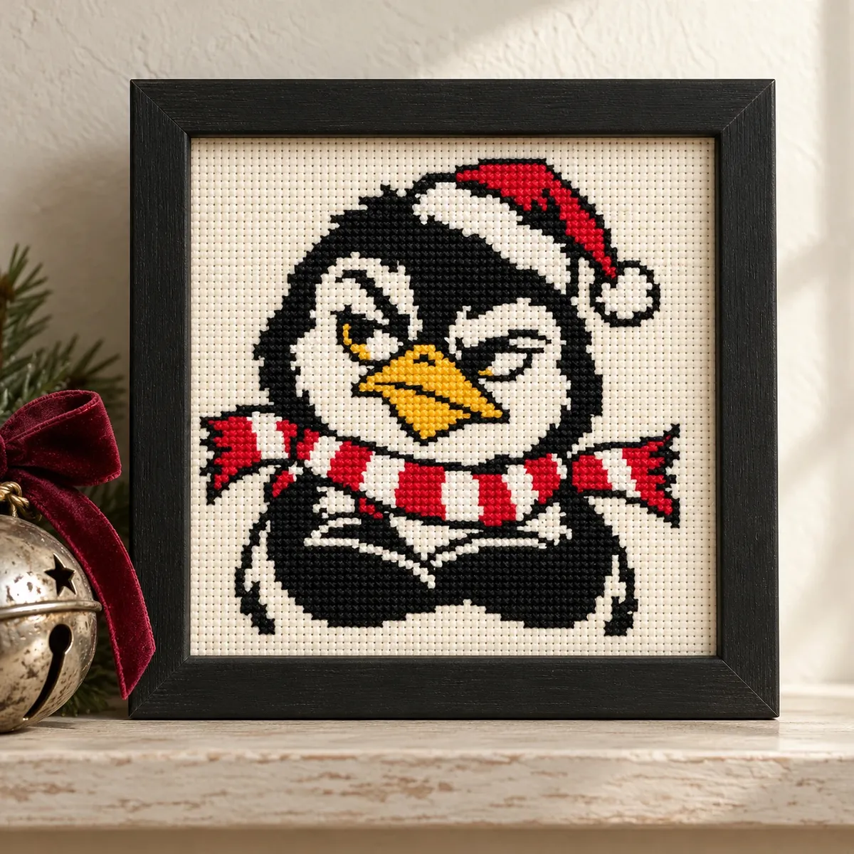 Straight-on view of the finished Grumpy Penguin Cross Stitch in a black frame on a wooden shelf